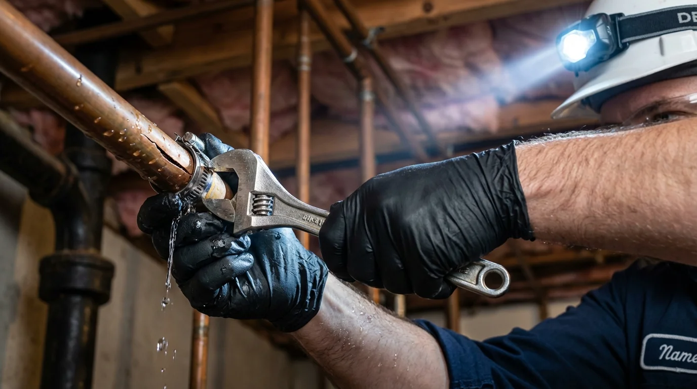 Emergency pipe clamp repair being performed by a Johns Plumbing LLC plumber in Box Elder