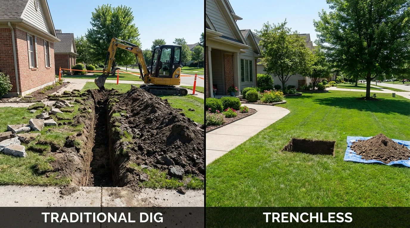 Trenchless sewer repair with minimal yard damage versus traditional excavation in Box Elder, SD